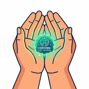 Illustration of human hands cupping a glowing green certified micro credential badge symbol.