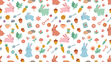 Obraz premium Cute Easter Bunny Rabbit Carrot Flower Mushroom Seamless Pattern Flat Art