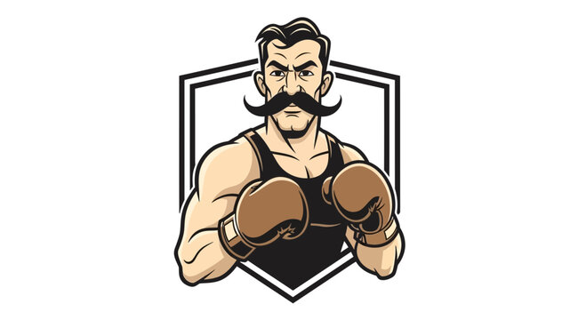 Vintage Boxer with Moustache and Boxing Gloves, Retro Sports Emblem