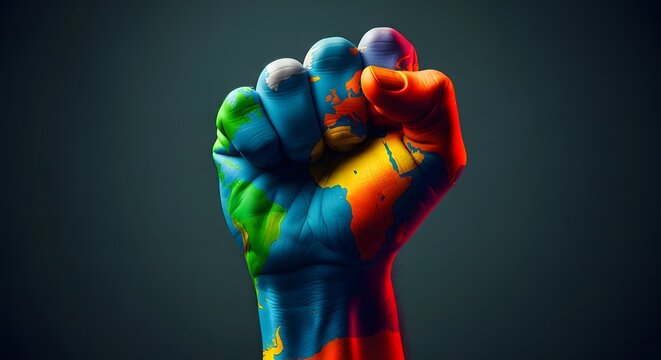 Happy labor day global solidarity fist with world map design