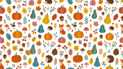 Fototapeta premium Autumn Seamless Pattern with Pumpkins, Leaves, Foxes, Hedgehogs, Mushrooms, Acorns, Fall Theme