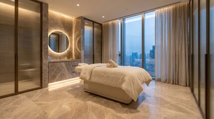 Fototapeta premium Tranquil modern spa treatment room features soft massage bed, rolled towels, elegant marble, and stunning city view through large window.