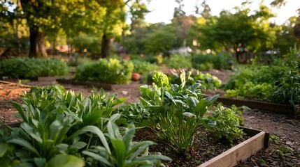 Obraz premium A serene ground level view of a sustainable comm garden filled with lush greenery and birds chirping evoking feelings of warmth and harmony