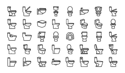 Fototapeta premium Toilet Outline Icon Set with Bathroom Fixture Vector Illustrations