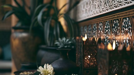 A serene and peaceful close up view of an intricate spa environment featuring rich colors and detailed patterns