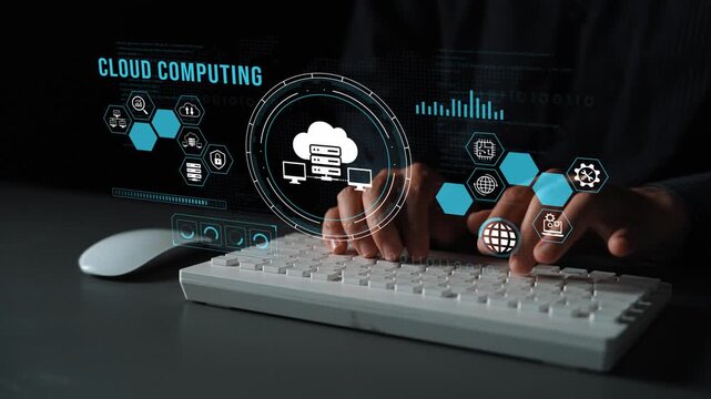 Hands Typing on Keyboard with Cloud Computing Graphic Overlays and Digital Icons Representing Technology and Network Concept. Entropy.