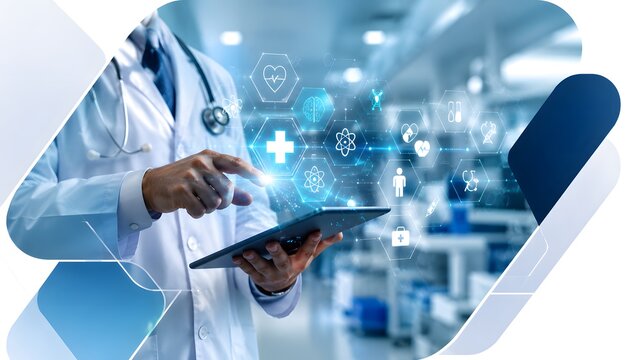 Doctor Using Tablet with Digital Health Interface in Hospital &ndash; Medical Technology, Telemedicine and Smart Healthcare Concept