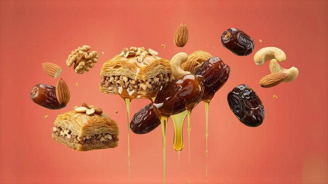 Tempting 3D baklava dessert layers with oozing golden honey and levitating dates and mixed nuts, set against a warm orange gradient background. Designed for Middle Eastern bakery commercials, Ramadan 