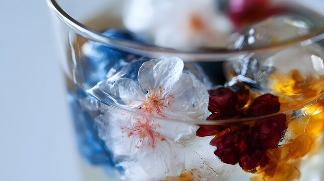 A refined chilled beverage with ice features crisp clarity and colorful motifs creating a tranquil atmosphere