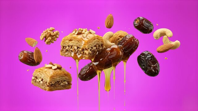 Delicious crispy 3D baklava pastries dripping with rich golden honey, floating alongside sweet dates, walnuts, cashews, and almonds, set against a vibrant purple studio backdrop. Great for Ramadan Kar