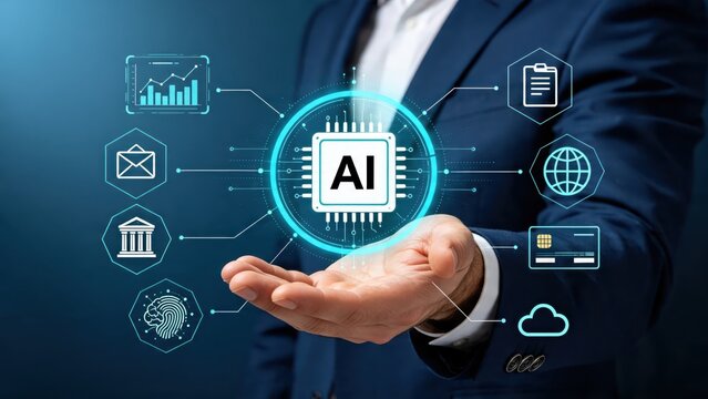 Business executive holding AI chip surrounded by icons representing finance, security, global connectivity, cloud computing, biometrics, banking, email, analytics