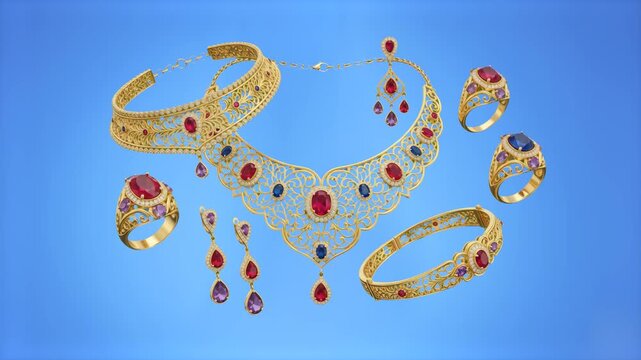 Premium 3D animation of an ornate gold jewelry set featuring a necklace with red rubies, matching earrings, rings, and bracelet floating over a chroma key blue background. Excellent for high-end jewel