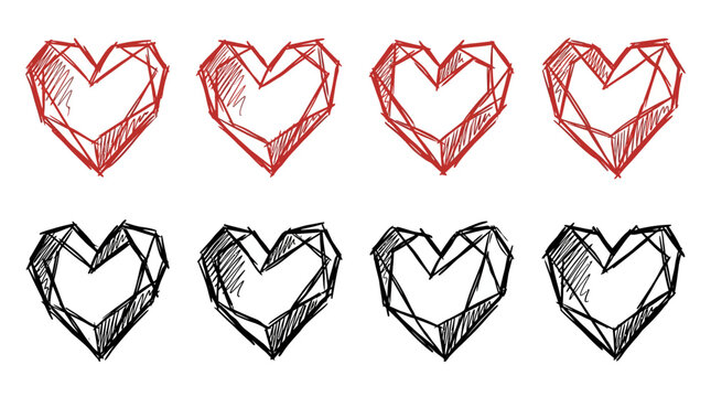 Hand drawn sketch hearts with diamond facets in red and black