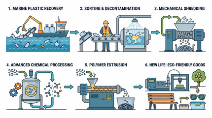 Fototapeta premium Infographic detailing plastic recycling process from marine waste recovery and industrial processing to manufacturing sustainable eco-friendly goods