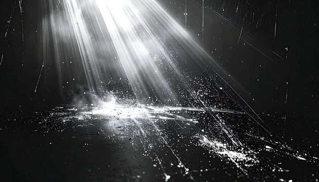 Dramatic monochromatic dark room illuminated by singular light ray with floating dust particles and sparkling texture