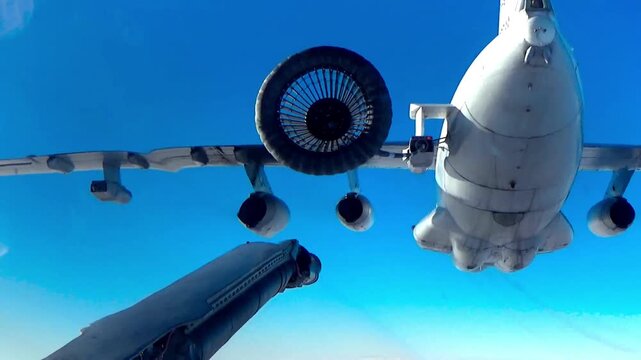 Aerial refueling of military jet fighter aircraft flying in 4K Ultra HD footage
