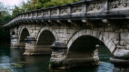 Fototapeta premium A close up view of a sleek textured historic bridge spanning a river showcasing elegant contours and delicate accents