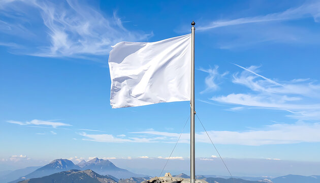 Blank white flag waving on a pole against a clear blue sky, mountain background for peace or surrender symbols