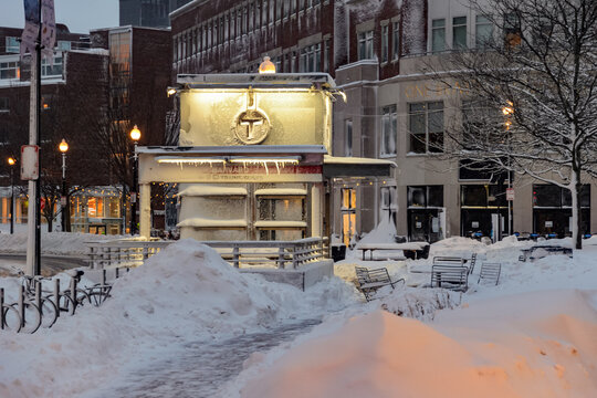 Harvard Square MBTA Station Buried in Blizzard Snow, Cambridge MA