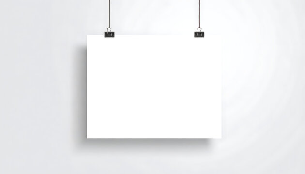 Blank white horizontal paper poster hanging with black binder clips, mockup frame for display, exhibition presentation, advertisement template