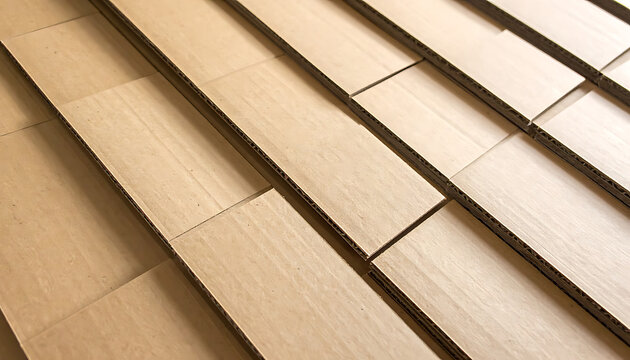 Corrugated cardboard sheets stacked diagonally, textured brown paper material background, industrial packing, recycled sustainable delivery solution