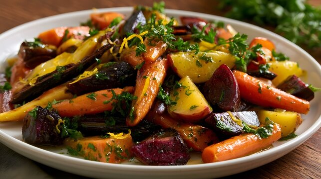 An inviting medley of roasted roots beautifully dressed with citrus zest capturing a sense of natural beauty and serenity