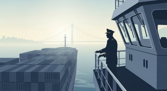 Silhouette of a ship captain standing on the deck of a cargo vessel looking out at the ocean horizon during a bright sunny day