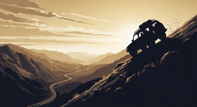 Silhouette of an off-road car driving up a steep mountain slope during a beautiful golden sunset in the wilderness