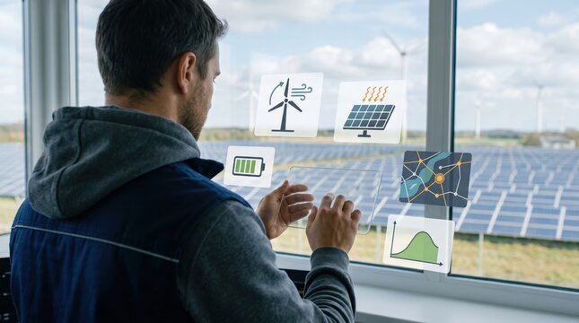 Engineer interacting with holographic renewable energy interface, solar panels and wind turbines visible outside window, smart grid monitoring, battery storage optimization