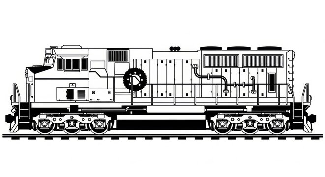 Black and white line drawing illustration of a modern diesel freight train locomotive engine seen from the side profile view on tracks