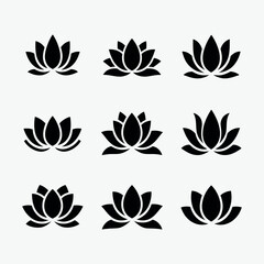 Fototapeta premium Lotus flower black icon set vector isolated on white background featuring elegant lotus plant symbols for yoga wellness spa meditation branding and decorative design