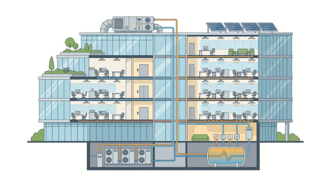 Cutaway vector illustration of an office building revealing central HVAC system, ductwork, and solar panels