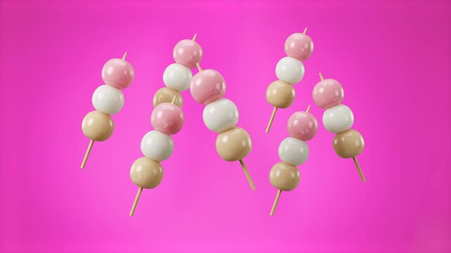 A vibrant arrangement of 3D animated hanami dango skewers tumbling and hovering in mid-air over a bright pink background. This joyful and bright animation is ideally suited for sweet shop promotions, 
