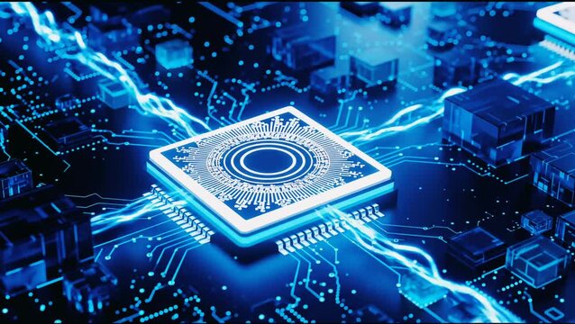 Abstract digital background featuring a central computer processor chip with glowing blue data streams.