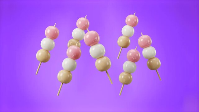 Traditional tri-colored Japanese dango rice dumplings on wooden skewers floating and spinning gracefully in a cluster. This playful 3D confectionery illustration is contrasted against a rich purple ba