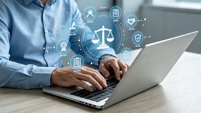 Lawyer typing on laptop with legal justice scale icon, virtual icons representing law, court, contract, agreement, compliance and regulation