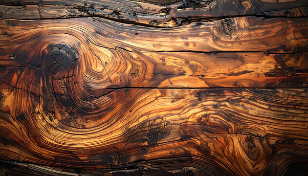 Dark weathered wooden planks featuring swirling grain patterns, rustic texture background for interior design