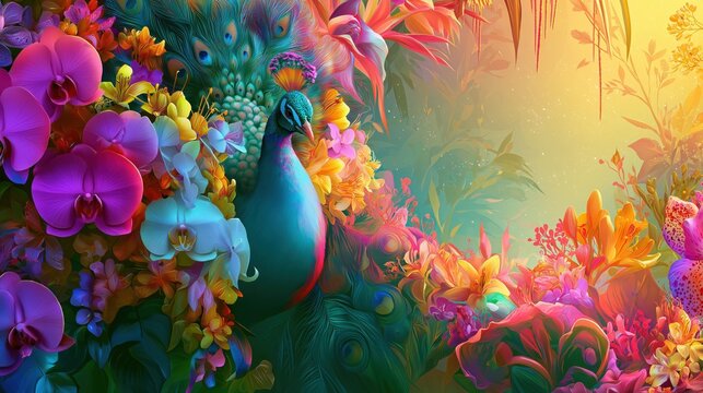 Vibrant Peacock Surrounded by Exotic Tropical Flowers in a Lush Fantasy Garden Background