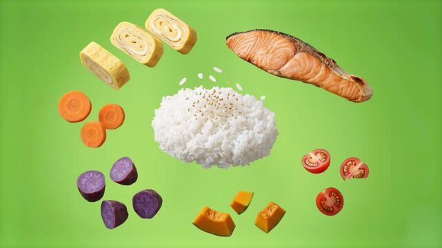 A traditional Japanese breakfast featuring a bowl of white rice, grilled salmon fillet, tamagoyaki rolled omelet slices, and fresh vegetables levitates against a warm green backdrop. Perfect for Asian
