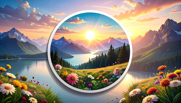 Circular mountain landscape framed by wildflowers at golden sunset, serene nature scenery, travel backdrop, peaceful meadow, mountain lake, idyllic horizon