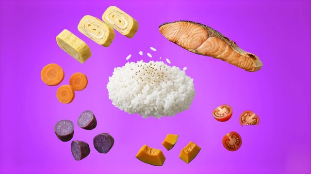Vibrant 3D animation of traditional Japanese food elements including a bowl of white rice, grilled salmon steak, egg roll tamagoyaki, and vegetables floating over a bright purple background. Great for
