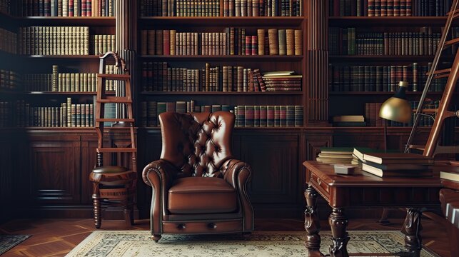 A cozy vintage library study filled with towering bookshelves, leather chairs, and warm lamplight