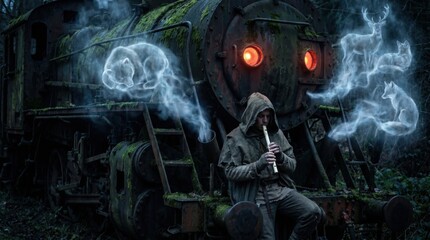 Naklejka premium Lone cloaked figure plays magical pipe, conjuring spectral animal spirits by old moss-covered locomotive in enchanting forest.