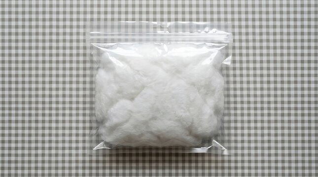 Clear plastic ziplock bag filled with soft, white fluffy synthetic fiber, ideal for stuffing, crafting, and DIY projects on a checkered background