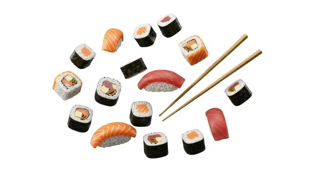 A delicious assortment of 3D sushi pieces including salmon nigiri, tuna nigiri, maki rolls, and wooden chopsticks floating, isolated on a clean white background. Suitable for Asian restaurant promos, 