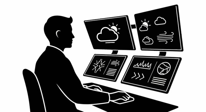 Black and white silhouette of a meteorologist at a workstation analyzing real-time weather data on four monitors with icons for sun, wind, clouds, and global atmospheric tracking.