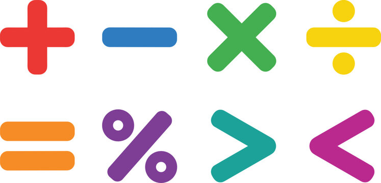 Colorful Mathematics Operation Icon Set with Plus Minus Multiply Divide Equals Percentage Greater Than and Less Than Symbols for Education App Vector Designs