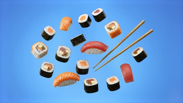 An energetic 3D animation showcasing an assortment of flying sushi pieces, including maki rolls and salmon nigiri, surrounding wooden chopsticks on a bright blue background. Ideal for Japanese restaur