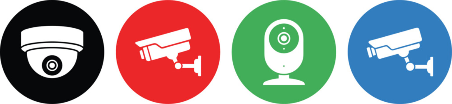 Home Security Surveillance CCTV Camera Icon Set with Dome Bullet and Smart Webcam Symbols in Colorful Circles for Protection and Monitoring System Designs