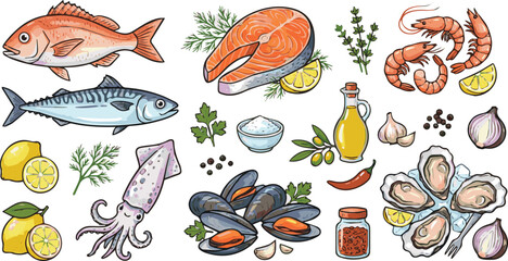 Obraz premium Generated on Hand drawn Set of seafood and gourmet sea food. Cartoon shrimps, fish, salmon, squid, mussels oysters and ingredients vector art on white background